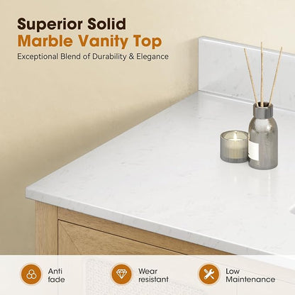 48 Inch Bathroom Vanity with Sink, Light Oak | Fully Pre-Assembled, Solid Wood Bathroom Cabinet, Marble Countertop & Backsplash, Soft Closing 2 Doors & 3 Drawers