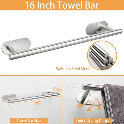 TocTen 5 Pieces Wall Mounted or Self Adhesive Towel Bar Set, Stainless Steel Bathroom Hardware Set Include 16″ Towel Rack, Toilet Paper Holder, 3 Towel Hook, Sticky Bathroom Accessory Kit (Silver)