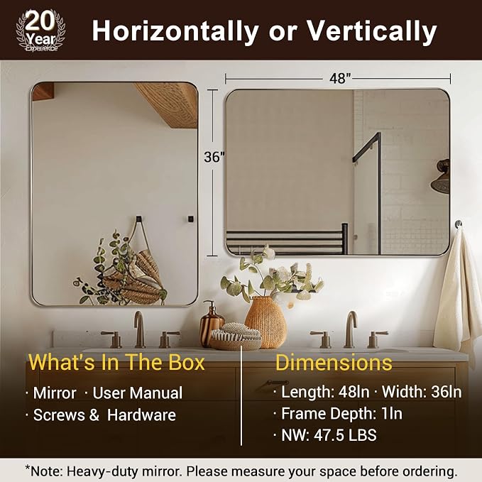 Brushed Champagne Bronze Mirrors for Bathroom Sink, 36x48 Inch Bathroom Vanity Mirror with Rectangular Metal Frame-Modern Clean Design with Superior Stainless Steel Frame