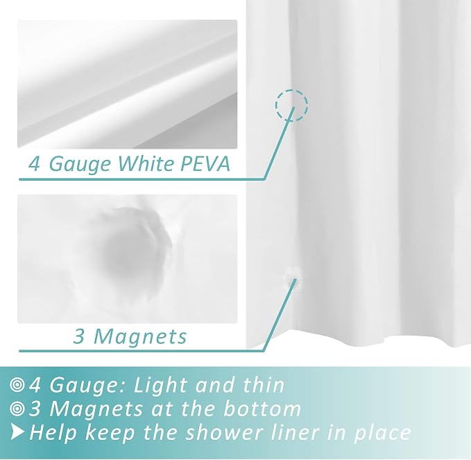 Mrs Awesome Extra Long White Shower Curtain Liner with 3 Magnets, 72x84 | 12 Rustproof Grommets,Long PEVA Plastic Shower Curtain for Bathroom Waterproof, 72 x 84 Inches