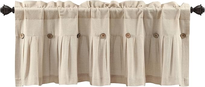 Lush Decor Linen Button Farmhouse Valance Curtians 52"W x 18"L Dark Linen - Linen Valances For Windows - Kitchen Curtains Valances - Bathroom Curtain