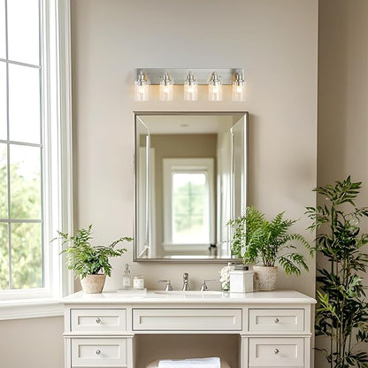 LOUSACE 5 Light Bathroom Vanity Light Brushed Nickel, Bathroom Lighting Fixtures with Clear Glass Shades Over Vanity Mirror, Modern Wall Sconces Fixtures for Bedroom Living Room, E26 Socket