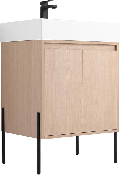 Crownpoint 24 Inch Bathroom Vanity with Sink, White Sink, White Oak Finish, Full Assembly Required, Elegant Bathroom Vanities for Modern Homes