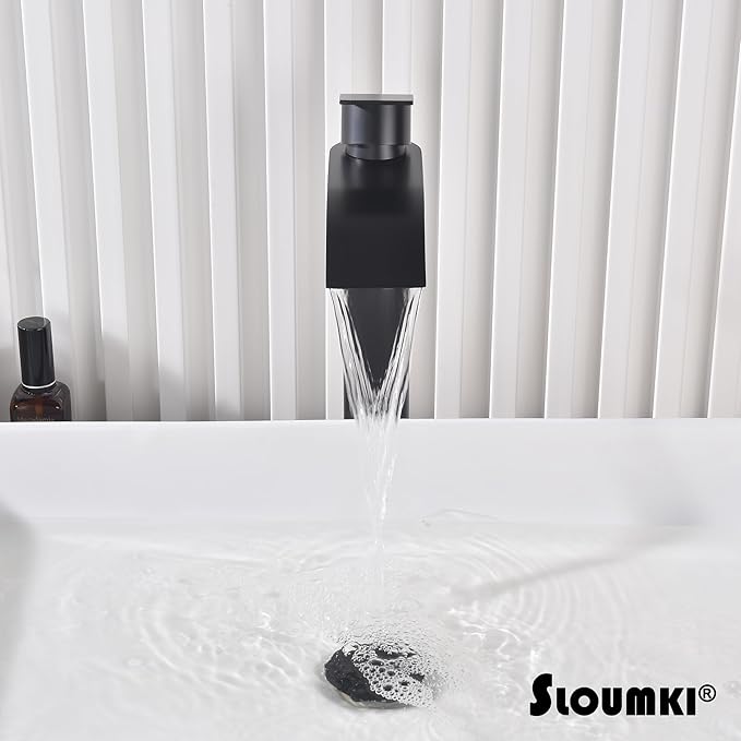 Matte Black Vessel Sink Faucet, High Bathroom Bowl Sink Faucet, Tall Waterfall Bathroom Faucet Single Handle with Hot and Cold Water Hose and Metal Drain