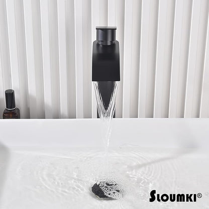 Matte Black Vessel Sink Faucet, High Bathroom Bowl Sink Faucet, Tall Waterfall Bathroom Faucet Single Handle with Hot and Cold Water Hose and Metal Drain