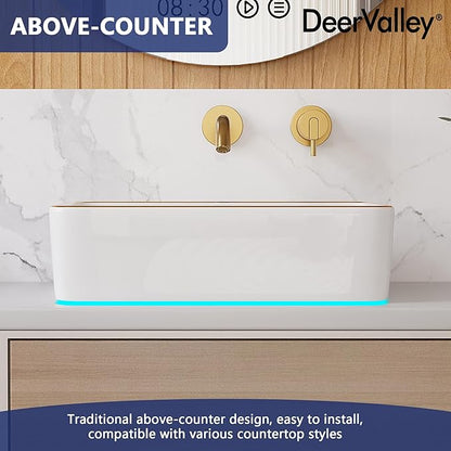 DeerValley 19x15 Inch Rectangular Vessel Sink, White Ceramic Bathroom Sink with Gold Trim, Above Counter Modern Basin, DV-1V0365