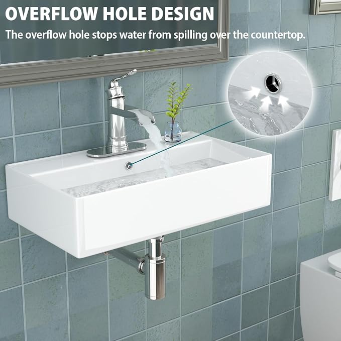 21"x12" White Ceramic Wall Mount Floating Bathroom Vessel Sink | Wall Mount Bathroom Sink Rectangle Vanity Vessel Bathroom Sink
