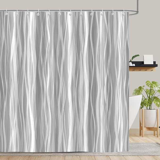 Moonslim Grey Ombre Shower Curtain, Modern Wavy Abstract Gray Striped Line Bathroom Curtain, Waterproof Fabric Bath Decor, 72 x 72 Inch