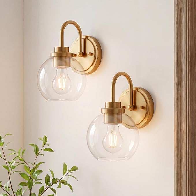 Brushed Gold Wall Sconces Set of 2 with Globe Clear Glass Shade | Modern design, hardwired, E26 socket, suited for bathroom mirror side, bedside, hallway, or entryway, AD-22280-1W2-GD