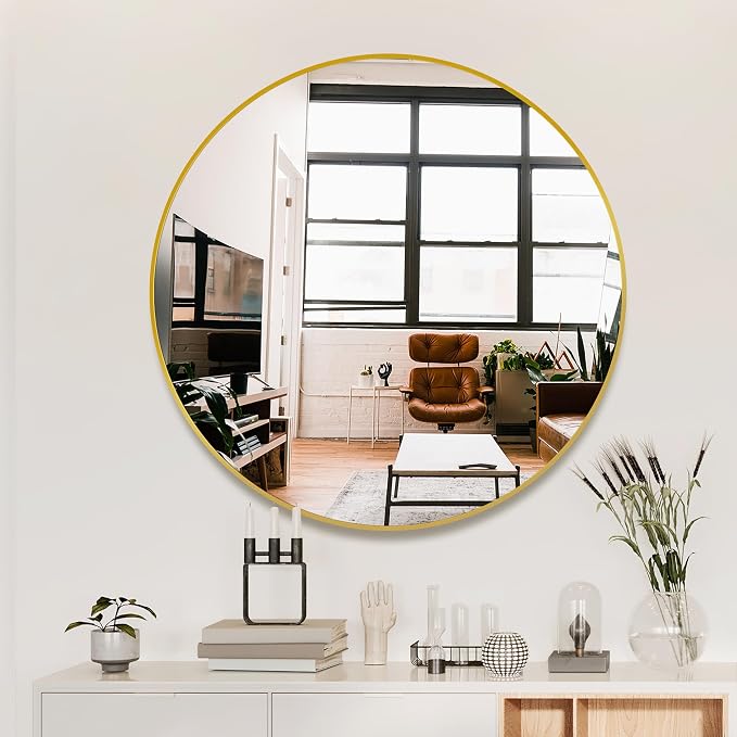 30 Inch Gold Round Circle Mirror for Bathroom Wall, Metal Frame | HD tempered glass for clear, distortion-free reflection. Mounting hardware included for vertical or horizontal wall mount.