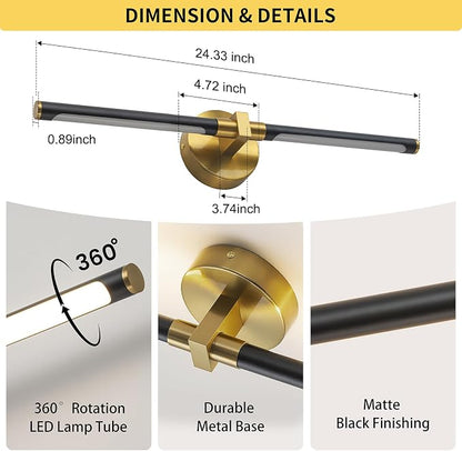 2026 Upgrade Vanity Lights, 24", Black and Gold Bathroom Light Fixture | 18W Brighter, 4000K, 360° Rotatable, CRI 90+, Brushed Gold Bathroom Vanity Light, LED Bathroom Lighting Fixtures over Mirror