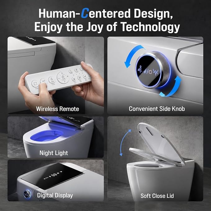 Smart Toilet with Bidet Built in, Tankless Smart Toilet 12 Inch Rough In, Auto Open and Close Lid, Heated Seat, Warm Air Dryer, Foot Sensor Operation, LED Display & Night Light, 1000g MaP