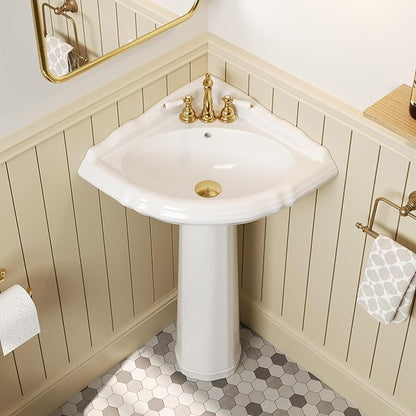 DeerValley White Triangle Corner Pedestal Sink with Overflow, Space-Saving Ceramic Bathroom Sink for Small Spaces and Corner Installation