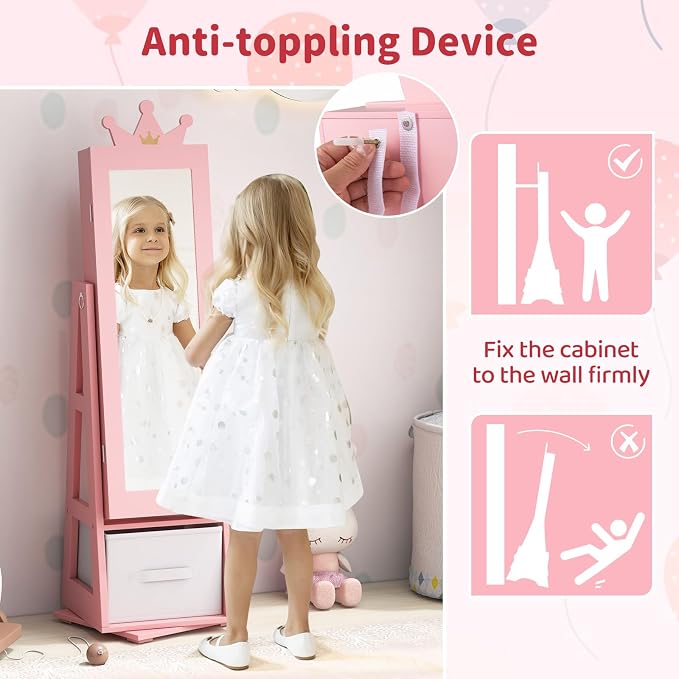 CHARMAID 360° Swivel Kids Jewelry Cabinet, 47" Full Length Mirror with Jewelry Storage, Jewelry Armoire with Drawer and Back Shelf, Kids Vanity Dressing Mirror Jewelry Organizer for Girls (Pink)