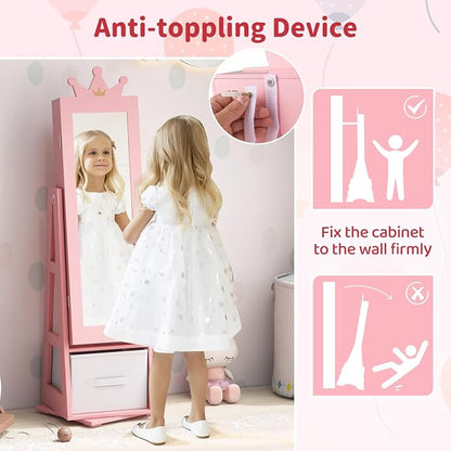 CHARMAID 360° Swivel Kids Jewelry Cabinet, 47" Full Length Mirror with Jewelry Storage, Jewelry Armoire with Drawer and Back Shelf, Kids Vanity Dressing Mirror Jewelry Organizer for Girls (Pink)