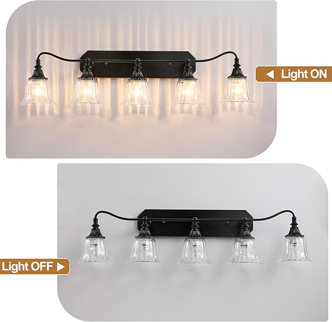 Bathroom Vanity Black Vintage Light Fixture, 5 Lights Bathroom Lighting Matte Antique Brass Finish with Crystal Glass Shade, Black Vintage Vanity Light
