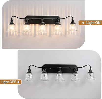 Bathroom Vanity Black Vintage Light Fixture, 5 Lights Bathroom Lighting Matte Antique Brass Finish with Crystal Glass Shade, Black Vintage Vanity Light