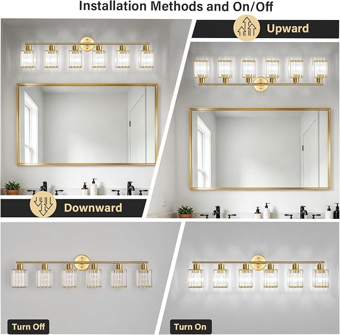 6 Light Bathroom Light Fixtures, Modern Crystal Vanity Lights over Mirror | Metal Frame, Bathroom Light with Square Crystal Shade, ETL Certified, E26 Ceramic Socket, Bulbs Not Included