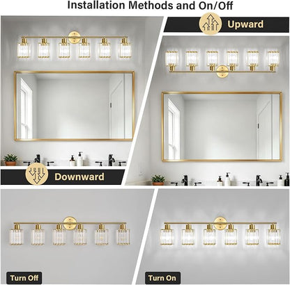 6 Light Bathroom Light Fixtures, Modern Crystal Vanity Lights over Mirror | Metal Frame, Bathroom Light with Square Crystal Shade, ETL Certified, E26 Ceramic Socket, Bulbs Not Included