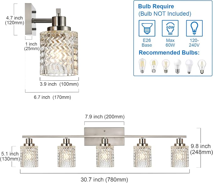 MELUCEE 5 Lights Brushed Nickel Bathroom Light Fixture with Hammered Glass | Modern Light Fixtures Wall Mounted Vanity Lighting with Hammered Glass Shade Suitable for Bathroom Mirror Sink Cabinet