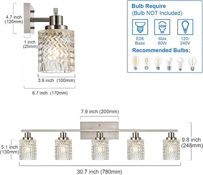 MELUCEE 5 Lights Brushed Nickel Bathroom Light Fixture with Hammered Glass | Modern Light Fixtures Wall Mounted Vanity Lighting with Hammered Glass Shade Suitable for Bathroom Mirror Sink Cabinet