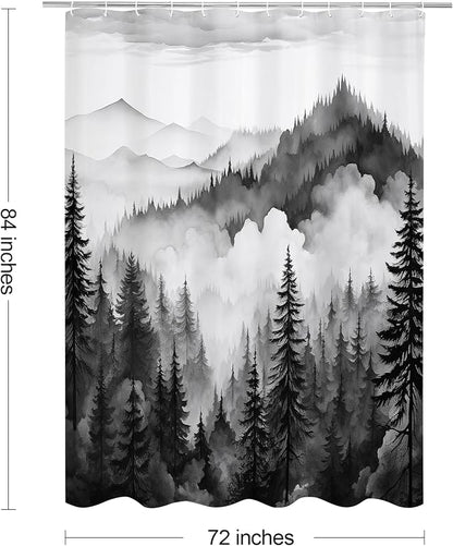 Litabel Black Extra Long Misty Pine Forest Shower Curtain 72 x 84, XL Mountain Foggy Woodland Scenery Tree Shower Curtains for Bathroom, Abstract Waterproof Nature-Themed Decor