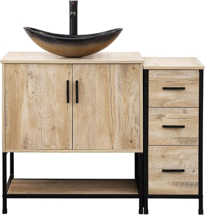 UEV 42" Rustic Oak Bathroom Vanity with Sink Combo,Industrial Iron Frame Bathroom Cabinet Sets with 3 Drawers Side Cabinet,Modern Champagne Boat Tempered Glass Vessel Sink(029CH)