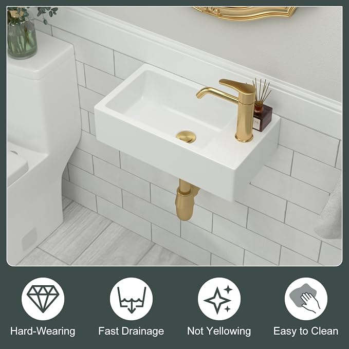 Wall Mount White Ceramic Bathroom Sink | Beslend 18x10 Small Wall Mounted Rectangle Sink White Porcelain Sink with Single Faucet Hole Wall Hung Hand Wash Art Basin