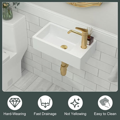 Wall Mount White Ceramic Bathroom Sink | Beslend 18x10 Small Wall Mounted Rectangle Sink White Porcelain Sink with Single Faucet Hole Wall Hung Hand Wash Art Basin