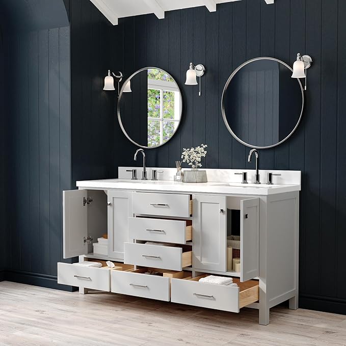 ARIEL Cambridge 66-inch Bathroom Vanity with Sink,Solid Wood, 1.5-inch Pure White Quartz Countertop & Backsplash, Double Rectangular Porcelain Sink, 4 Soft Closing Doors, 6 Dovetail Drawers, Grey