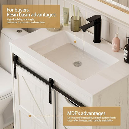 SUNTAGE Bathroom Vanity with Sink, Freestanding Farmhouse Bathroom Storage Cabinet with 3 Drawers & Sliding Door, White Resin Basin Vanity Combo Set (Distressed White, 30")