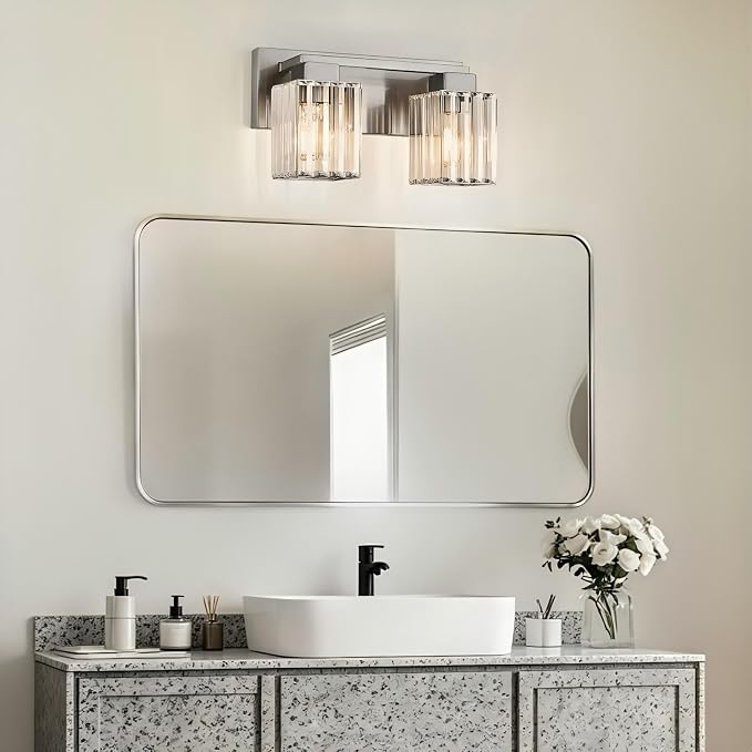 Brushed Nickel Bathroom Light Fixtures, 2-Light Vanity Light Over Mirror | Wall Sconces with Square Crystal Shades, E26 Socket, Modern Vanity Lights for Bathroom (Bulbs Not Included)