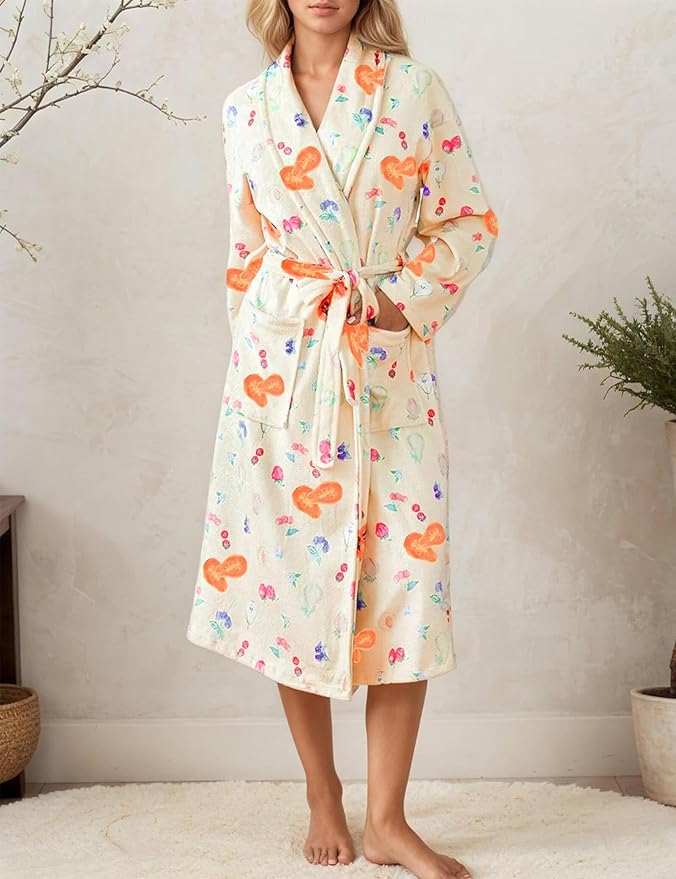 Women Fleece Fruit Print Robe Cute Robes for Women Spring Summer Lightweight Bathrobe Soft Flannel Gown with Belt