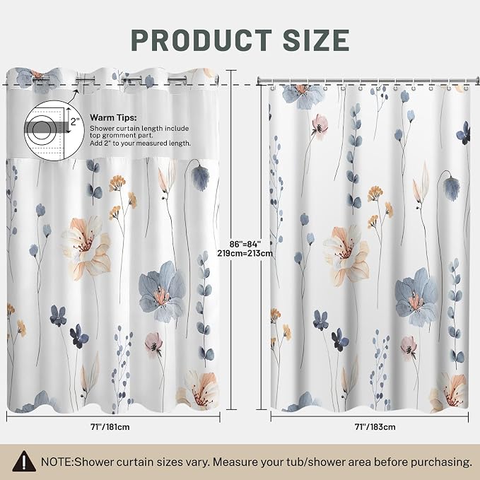 No Hook Floral Shower Curtain with Liner, Blue Beige, 71x86 | Snap in Liner, 3 in 1, Water Repellent, Easy Install, Machine Washable, Hotel Style for Bathroom, Watercolor Pattern
