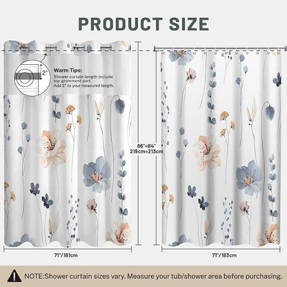 No Hook Floral Shower Curtain with Liner, Blue Beige, 71x86 | Snap in Liner, 3 in 1, Water Repellent, Easy Install, Machine Washable, Hotel Style for Bathroom, Watercolor Pattern