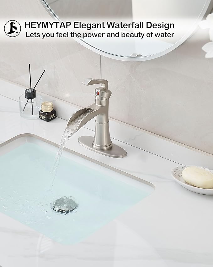 Brass Waterfall Bathroom Faucets Brushed Nickel, Single Hole Bathroom Faucet, 4 Inch 3 Hole Bathroom Sink Faucet Single Handle with Deck Plate, Pop-up Drain and Supply Hoses