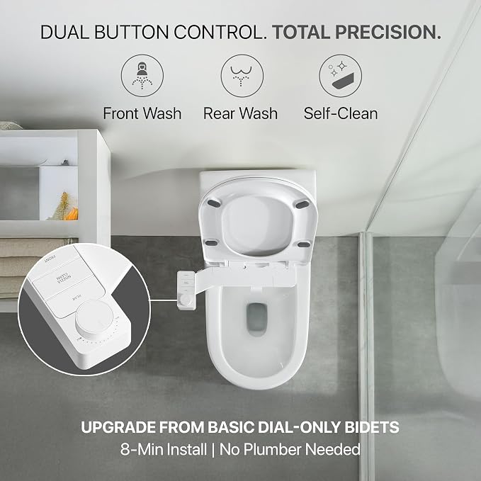 Bidet Attachment for Toilet – Dual Nozzle Front & Rear Wash, Self-Cleaning, Adjustable Water Pressure Dial, Non-Electric, Ultra-Slim, Fits Round & Elongated Toilets, Easy 8-Min Install | by ZeroTouch