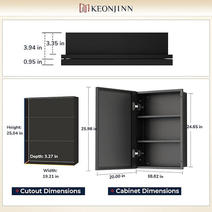 Keonjinn 20" x 26" Black Medicine Cabinet for Bathroom, Recessed or Surface Wall-Mounted Aluminum Alloy Framed Beveled Mirror with Storage, Mirrored Cabinets with 2 Adjustable Shelves for Bath Modern