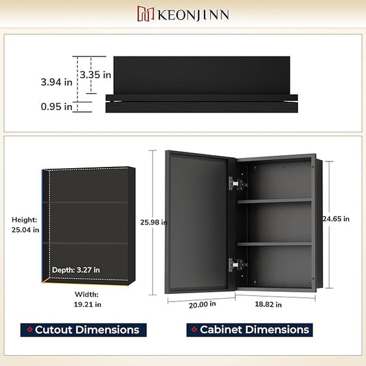 Keonjinn 20" x 26" Black Medicine Cabinet for Bathroom, Recessed or Surface Wall-Mounted Aluminum Alloy Framed Beveled Mirror with Storage, Mirrored Cabinets with 2 Adjustable Shelves for Bath Modern