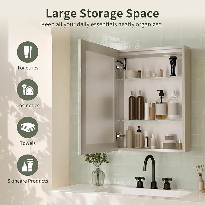DeerValley LED Lighted Bathroom Medicine Cabinet with Mirror, 20''x28'' | Wall Mounted Mirror Cabinet with Socket, Dimmable Light, Anti-Fog, Adjustable Shelf, DV-1MC0498