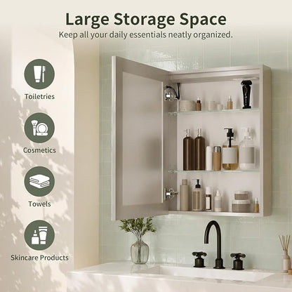 DeerValley LED Lighted Bathroom Medicine Cabinet with Mirror, 20''x28'' | Wall Mounted Mirror Cabinet with Socket, Dimmable Light, Anti-Fog, Adjustable Shelf, DV-1MC0498
