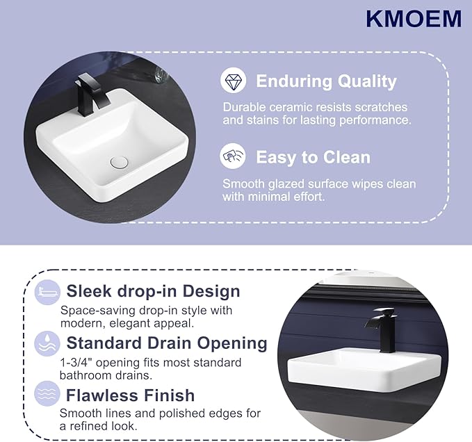 Vessel Sink 18"x18" Semi Recessed Bathroom Sink Drop-in White Bathroom Sink Porcelain Ceramic Modern Rectangular Sinks Drop-in Vanity Sinks with Overflow for Bathrooms