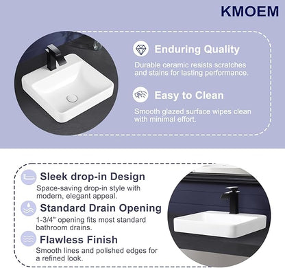 Vessel Sink 18"x18" Semi Recessed Bathroom Sink Drop-in White Bathroom Sink Porcelain Ceramic Modern Rectangular Sinks Drop-in Vanity Sinks with Overflow for Bathrooms