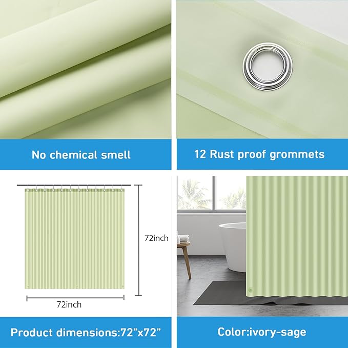 EHZNZIE Shower Curtain Liner Light Weight PEVA, Shower Liner 72x72 Inches, Waterproof, No Chemical Smell with 12 Rust Proof Metal Grommets for Bathroom Shower Curtain, Sage