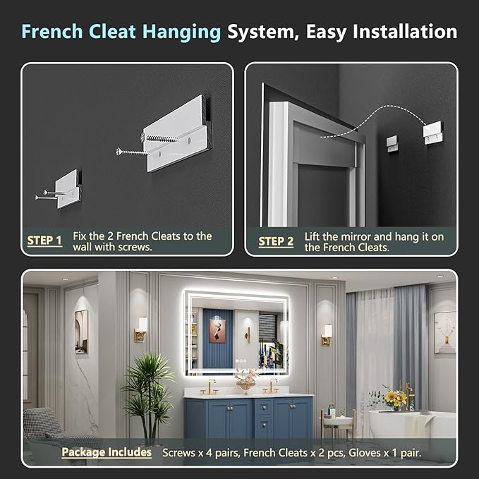 60x40 LED Bathroom Mirror with Lights, Backlit and Front Lit Anti-Fog Lighted Vanity Mirrors for Bathroom Wall, Dimmable, 3-Color Light, Memory, Shatter-Proof, HD Tempered Glass, CRI＞90