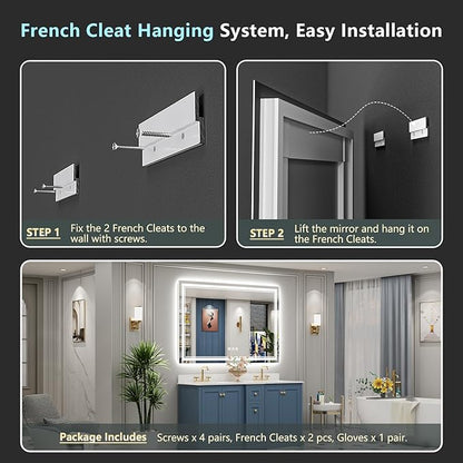 60x28 LED Bathroom Mirror with Lights, Backlit and Front Lit Anti-Fog Lighted Vanity Mirrors for Bathroom Wall, Dimmable, 3-Color Light, Memory, Shatter-Proof, HD Tempered Glass, CRI＞90
