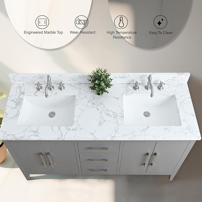 Vanity Art 60 inch Bathroom Vanity with Double Sink & Ceramic Top, Vanity Cabinet with Soft-Closing Doors, Drawers, Solid Wood Frame, Cashmere Gray,VA9060-DG-BN1