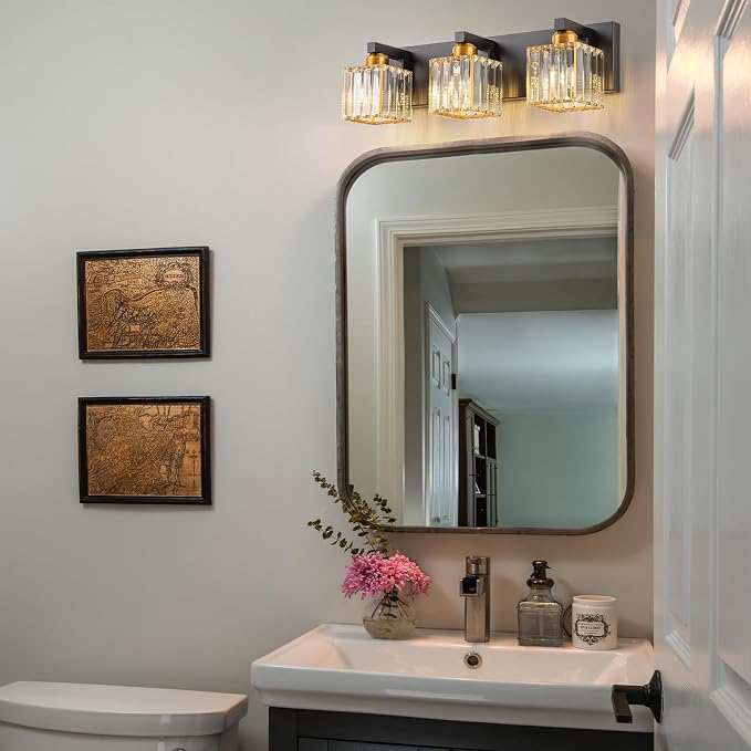 Black Gold Crystal Bathroom Vanity Light 3-Lights Modern Bathroom Lighting Fixtures Over Mirror, Wall Light Fixtures