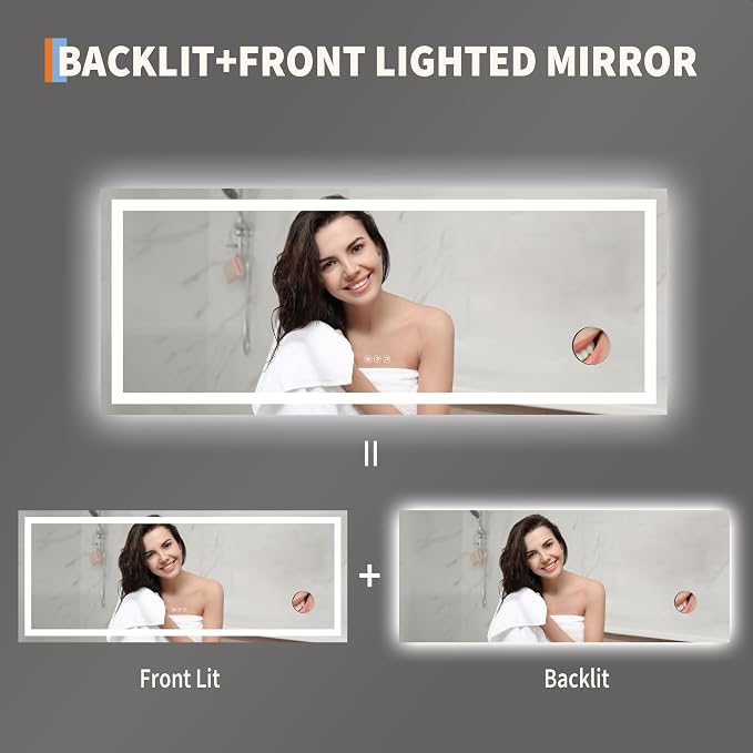 LED Bathroom Mirror 60 x 24 inch with 3X Mirror, Lighted Bathroom Vanity Mirror with Front and Backlit LED Lights, Frameless Wall Mounted Mirror with Adjustable Color Temperature