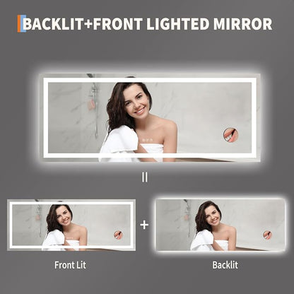 LED Bathroom Mirror 60 x 24 inch with 3X Mirror, Lighted Bathroom Vanity Mirror with Front and Backlit LED Lights, Frameless Wall Mounted Mirror with Adjustable Color Temperature
